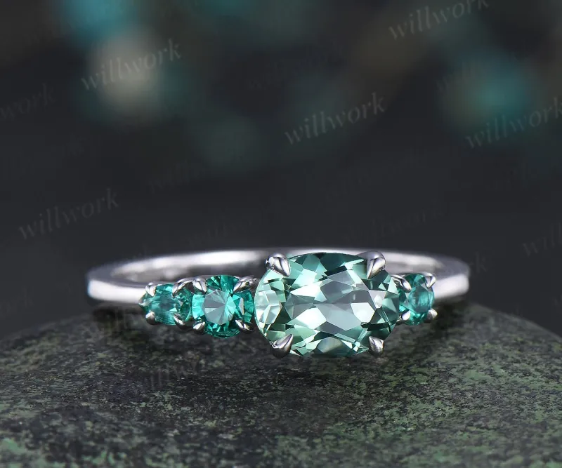 WillWork Jewelry 1ct green sapphire emerald engagement ring, oval cut stone with accent stones on band