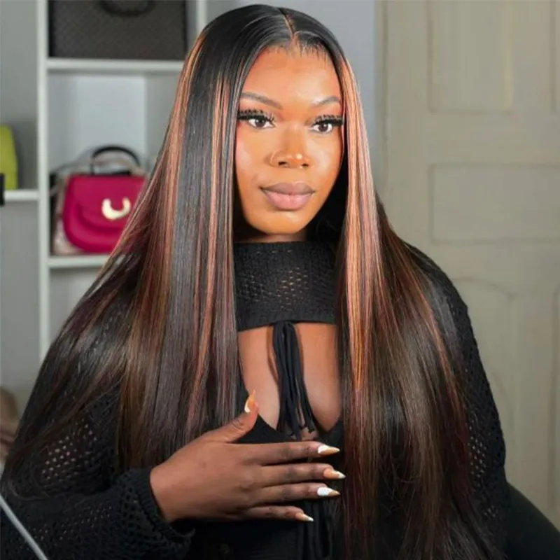 Megalook 13x4 Lace Frontal 30 Inch Highlight #1BP30 Body Wave Invisible Knots Natural Hairline showing long highlighted wig