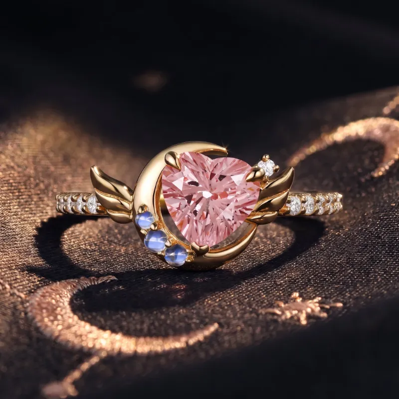 Starlandus Moonlit Embrace firework cut heart pink sapphire crescent moon ring with angel wing