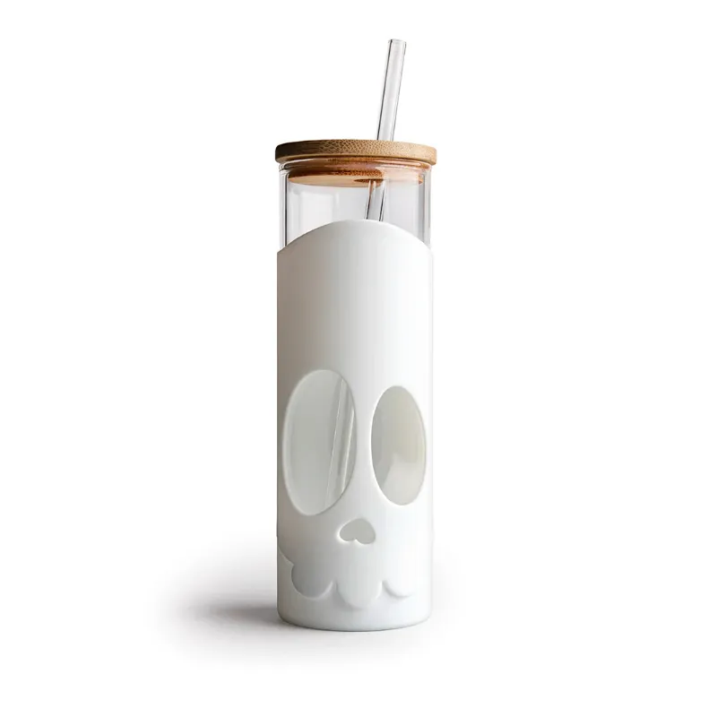 Spirit Nest Bonesy glass tumbler with black skull silicone sleeve, bamboo lid and straw