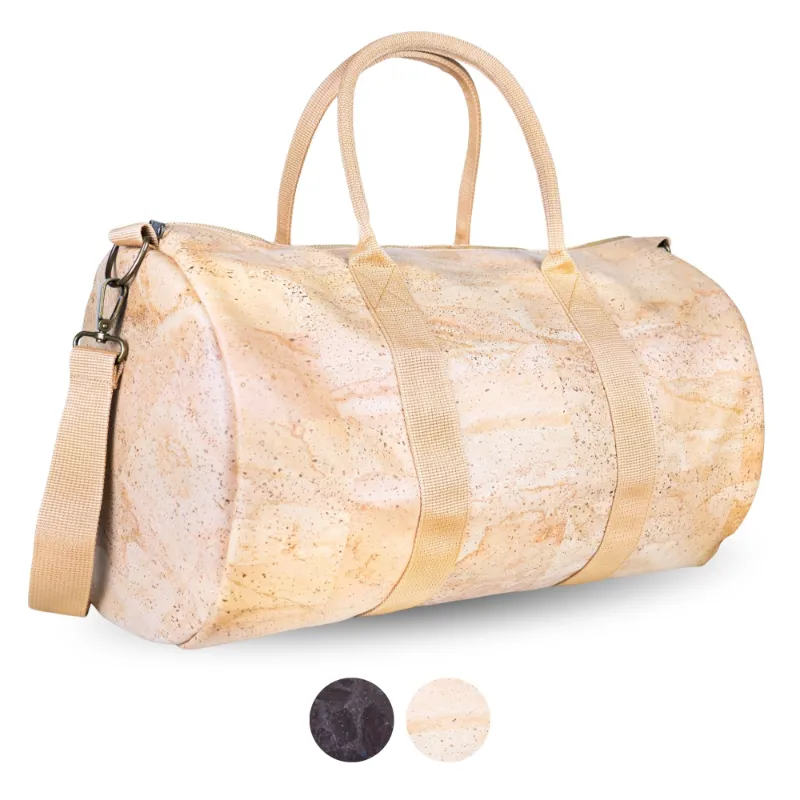 Corkadia Cork Duffle Bag in natural cork showing spacious weekender design with handles and strap
