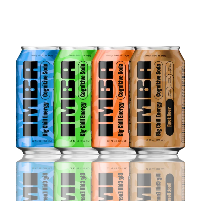 IMBA Flavor Adventure Variety Pack case of 12 smart soda cans showing all four flavors
