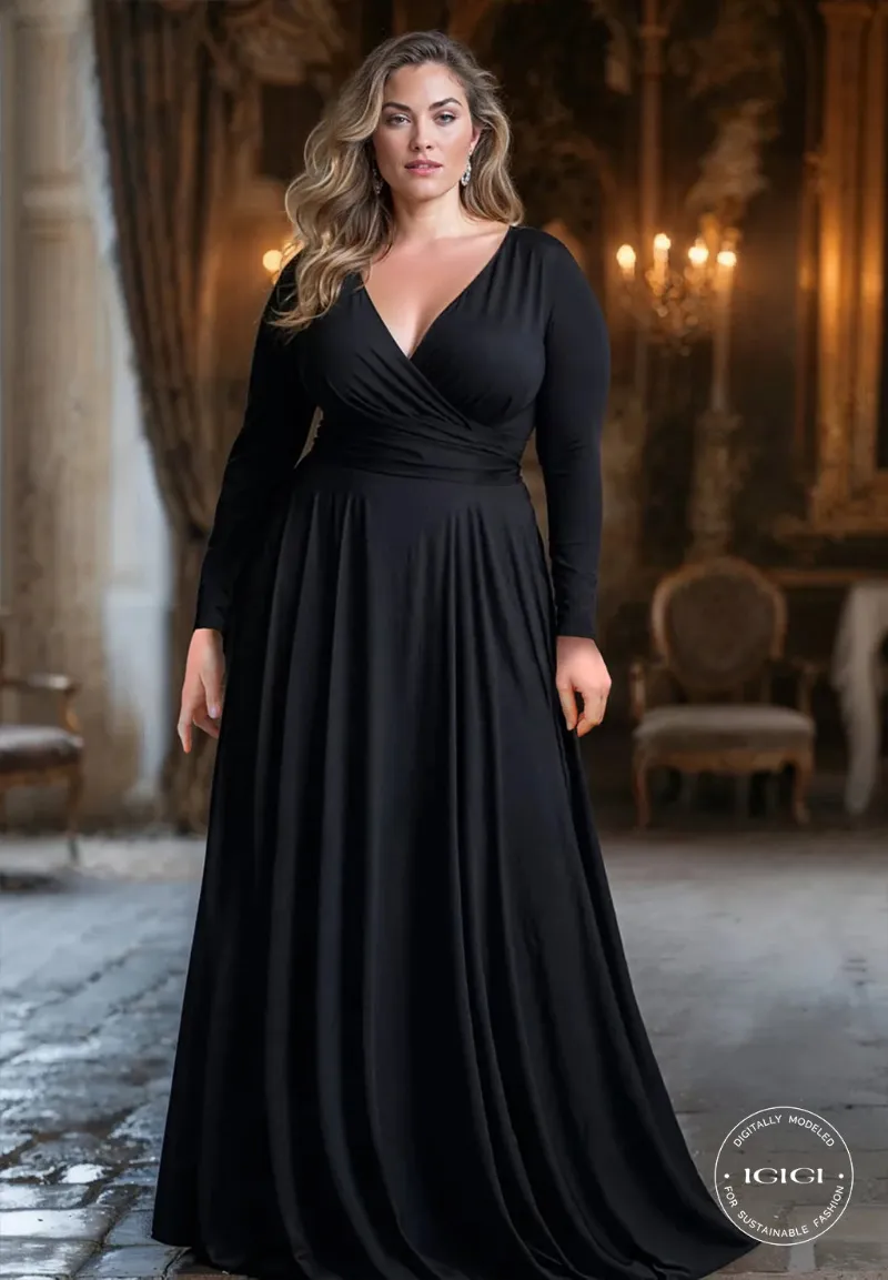 IGIGI Eleanor Plus Size Gown In Black, a classic hand-crafted couture full-length gown