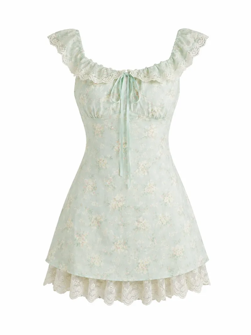 Cottagecore Clothes Mint Floral Lace-Trim Mini Dress with ruffled neckline and scalloped lace hem