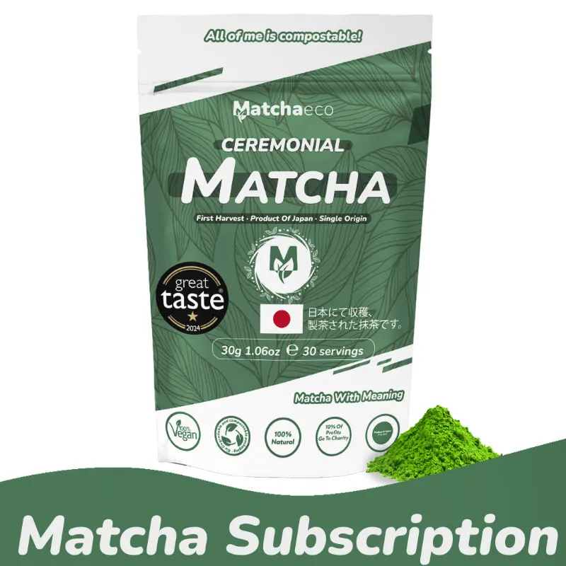 Matchaeco Ceremonial Matcha Green Tea Pouch Subscription, pouch of bright green Japanese matcha powder
