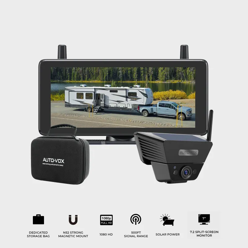 AUTO-VOX Solar 5B RV Magnetic Backup Camera with protective case and 7.2-inch display