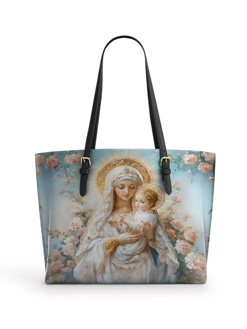 Catholight Celestial Love Keeper Leather Tote Bag with sacred art design in a spacious tote