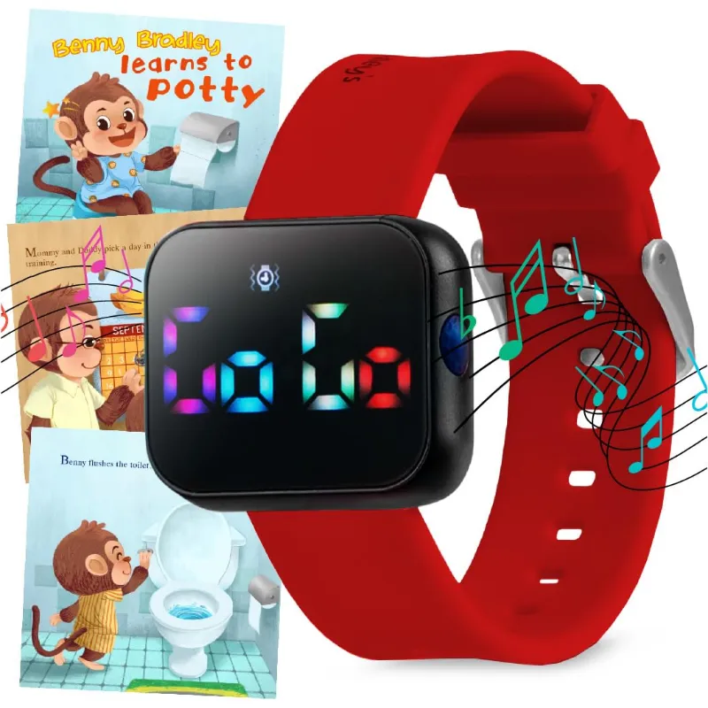 Benny Bradley's Potty Training Watch with eBook in red, showing watch face and silicone strap