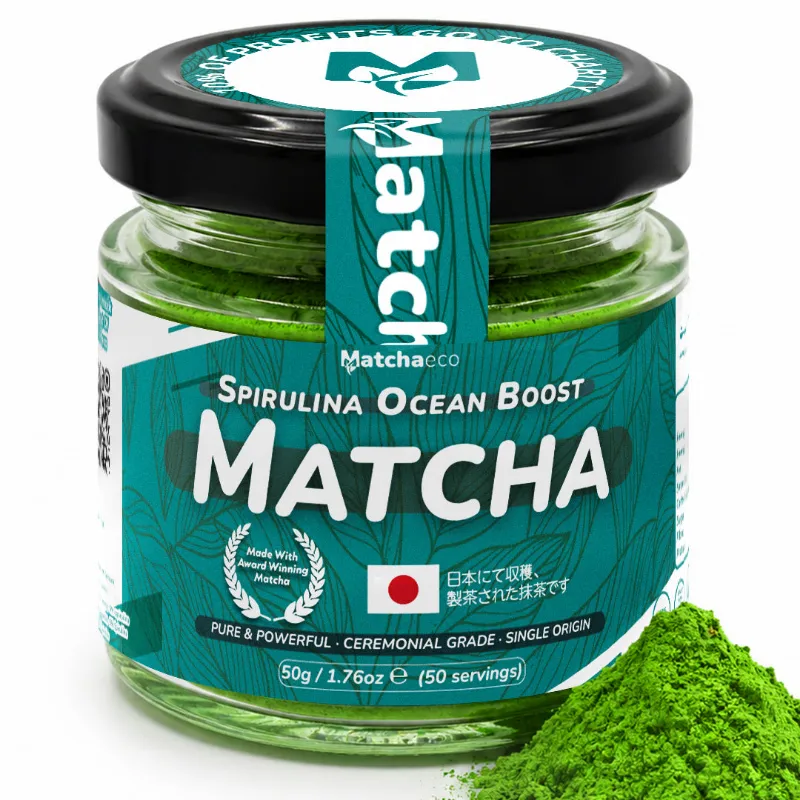 Matchaeco Ceremonial Spirulina Matcha Ocean Boost 50g Jar, deep green spirulina matcha powder in a jar