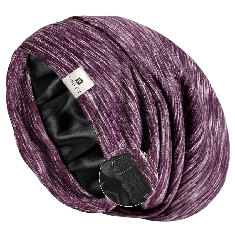 Yanibest Butter Satin Lined Slouchy Cap in heather purple showing the roomy satin interior