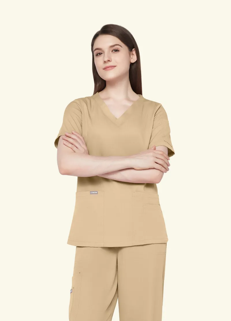 COMENII ElegCare™ Essential Scrub Top Khaki, front view showing V-neck and sleeve pocket