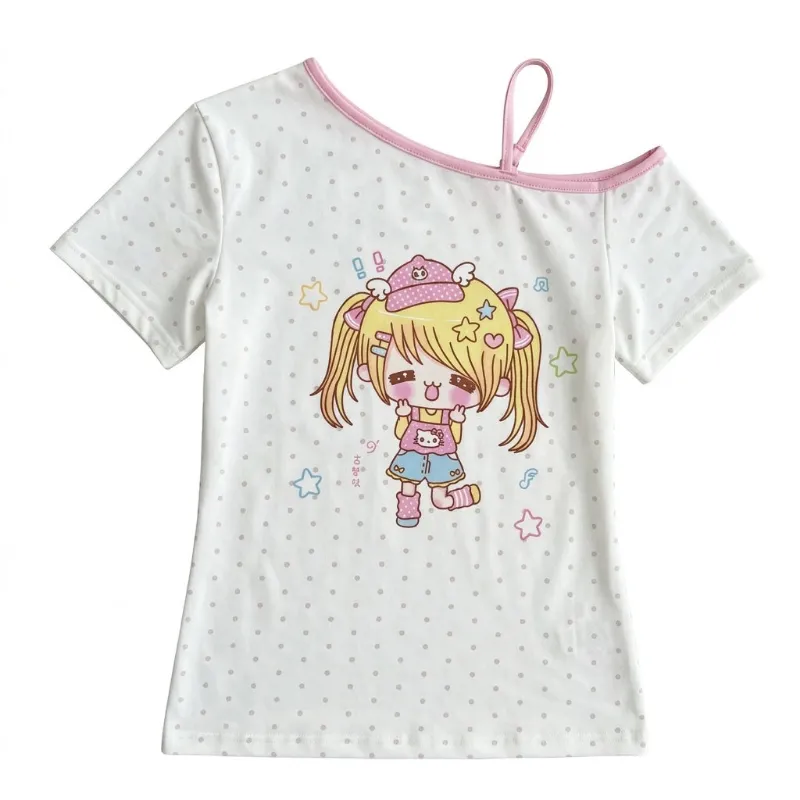 Shoptery Decora Kawaii Cartoon Girl Polka Dot Off-Shoulder Tee showing the all-over cartoon print