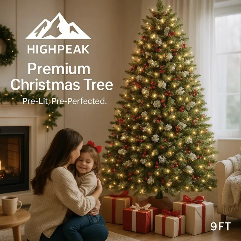 HighPeak 9FT Premium Christmas Tree, a flocked pre-lit tree decorated with pinecones and red berries