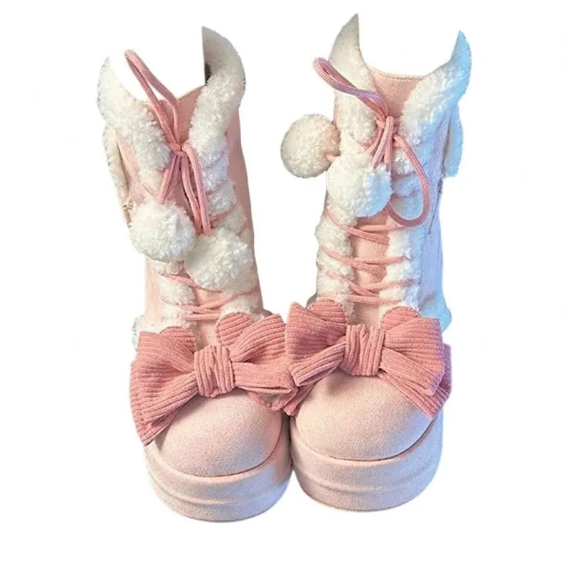 Shoptery Jirai Kei Pink Bow Pom-Pom Lace-Up Plush Snow Boots with oversized butterfly bow and fuzzy trim
