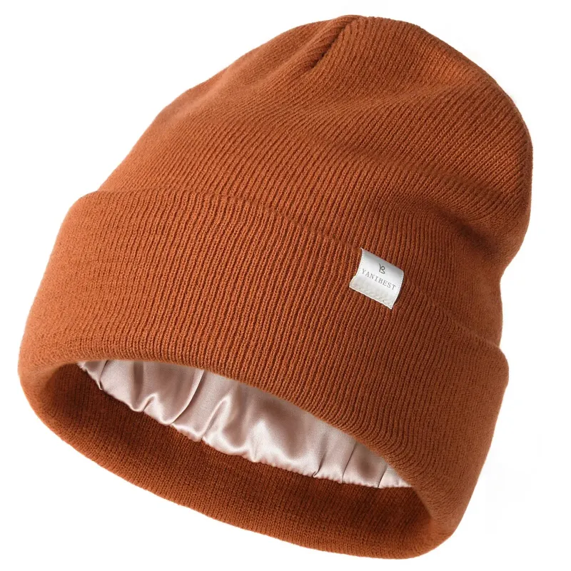 Yanibest Butter Satin Lined Knit Skull Beanie in orange, cozy satin-lined winter hat