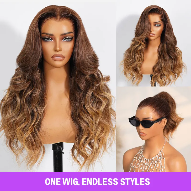 Megalook 13x6 Three-Go Brown Ombre Glueless Wig with loose body wave and AirTouch balayage