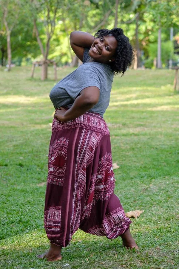 Hippie Pants Plus Size Burgundy Thai Hippie Pants, relaxed harem style shown front