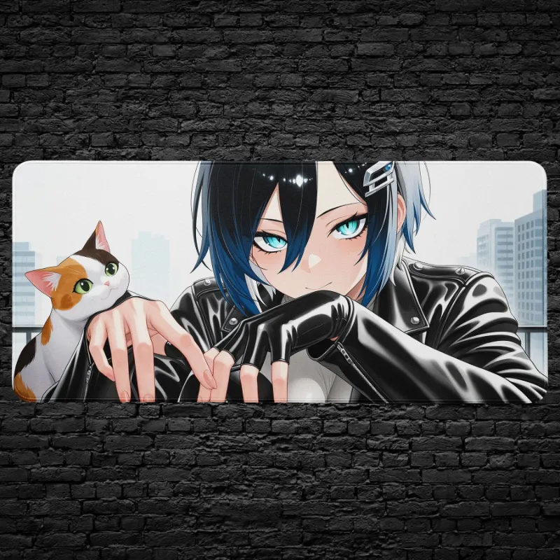 CruArt Anime Desk Mat with cool girl with cat in leather jacket