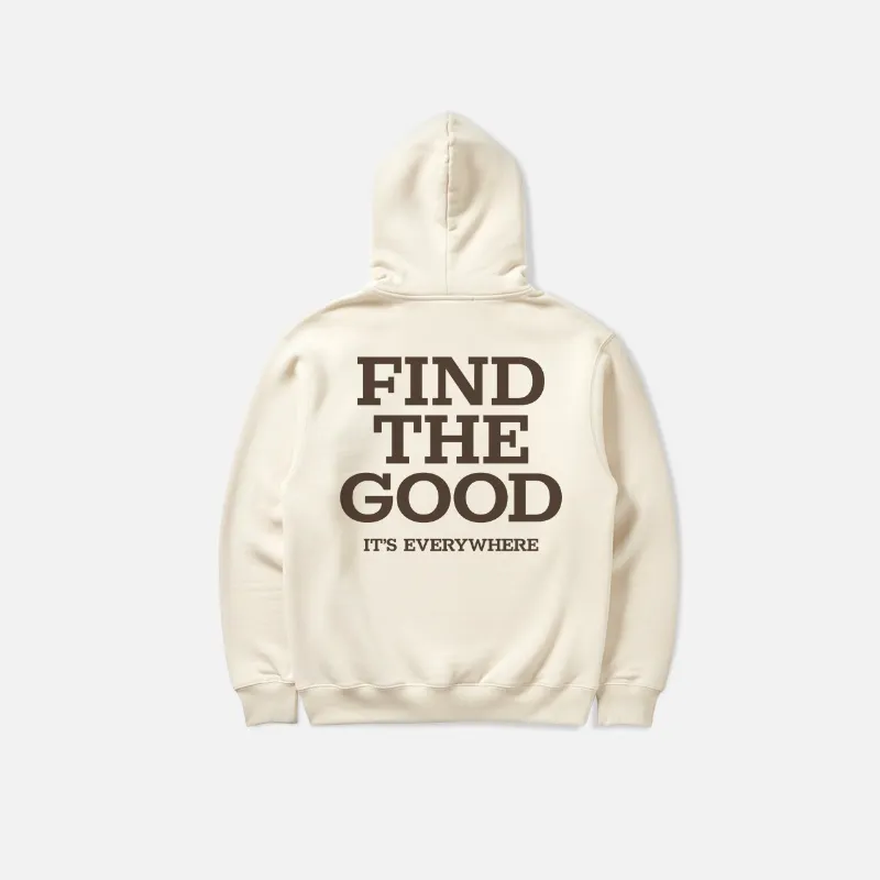 Find The Good Brand 3 Simple Words Embroidered Hoodie in cream with chest embroidery and back screenprint