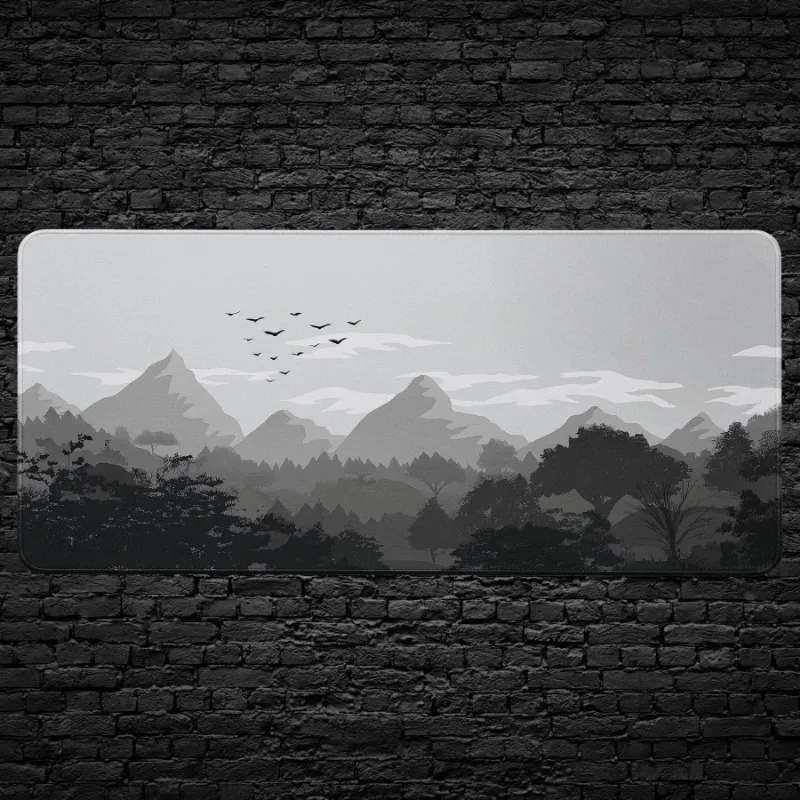 CruArt Minimalist Mountain Landscape desk mat, black and white mountain range with birds