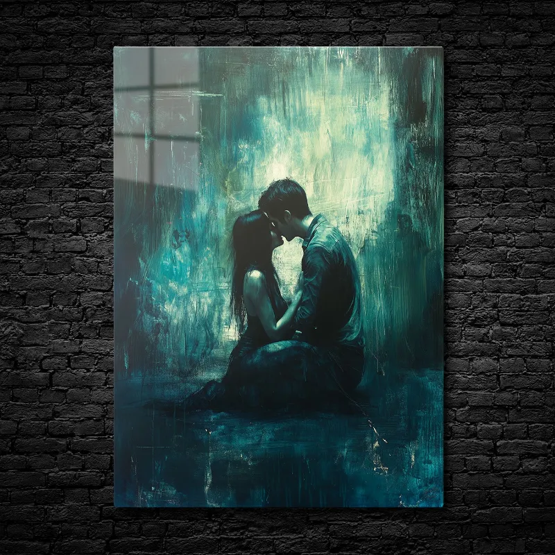 CruArt Embrace in the Shadows metal print showing abstract couple in deep blue and green tones