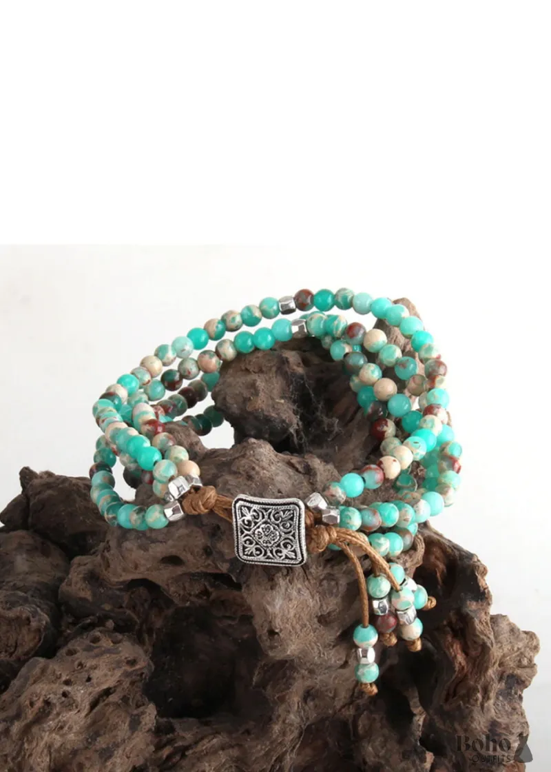 Boho Dress RH 3 Layers Leather Wrap Bracelet in green and purple natural stones