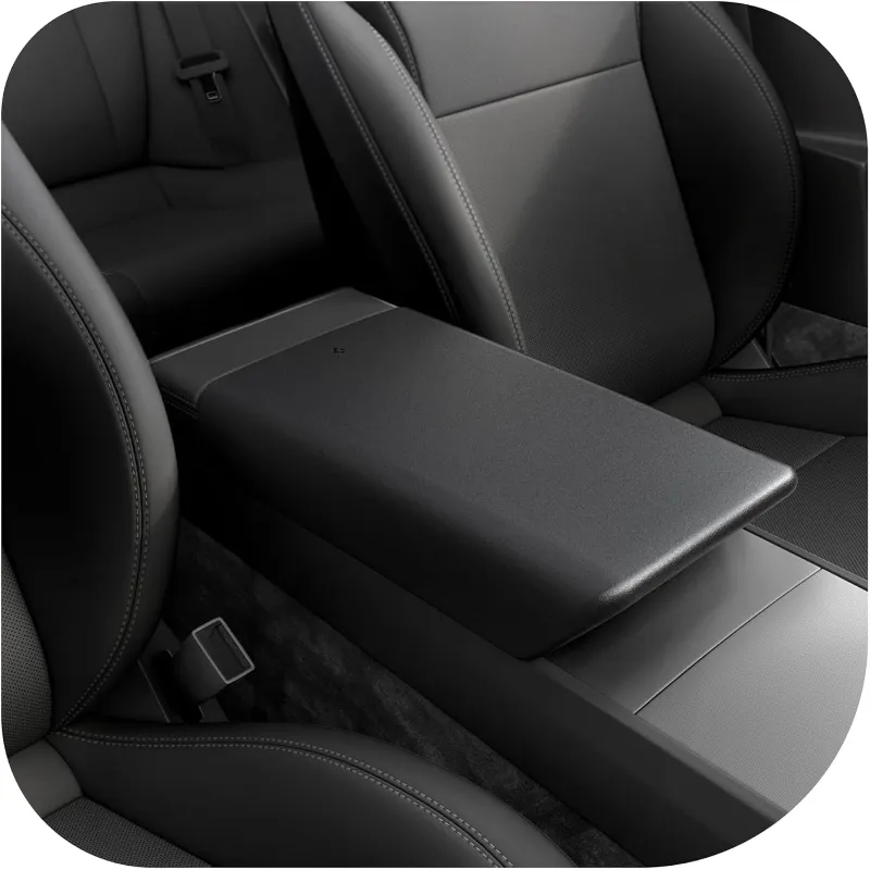Tesstudio Center Console Armrest Cover for Tesla Model Y Juniper, Model 3 Highland, and Model Y L showing soft TPE protection