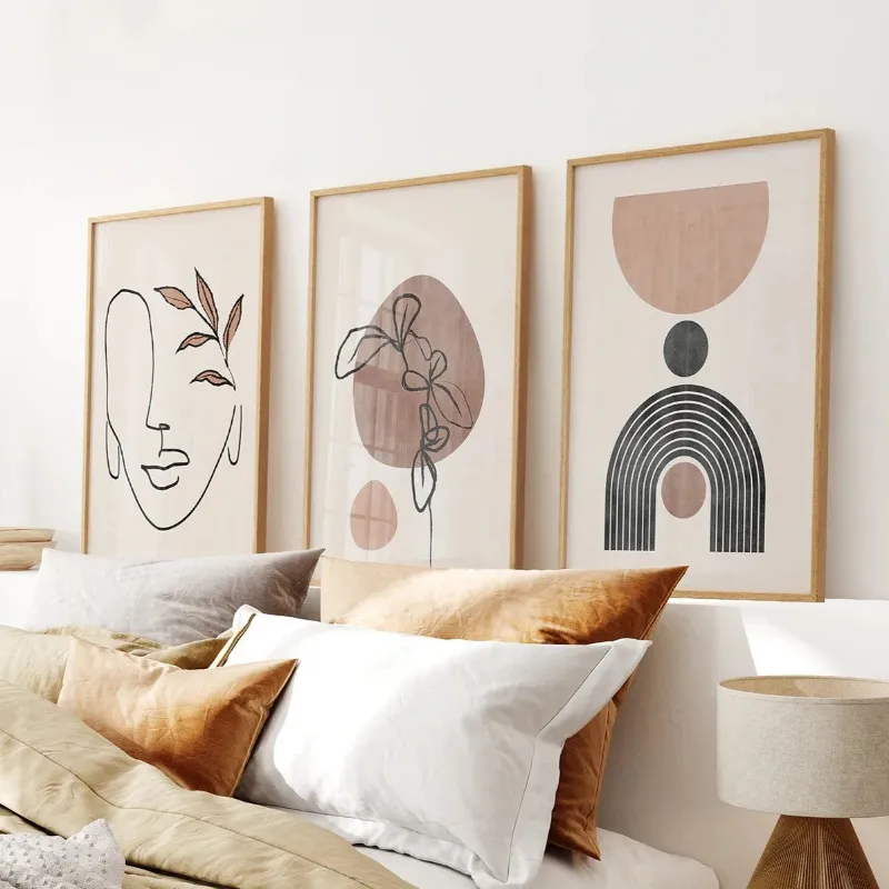 Wall Art Set Boho Abstract Art Set of 3 - Modern Poster Bundle showing three earth tone abstract prints in wood frames