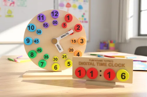 Fun House Toys Learning Clock with adjustable hands and click-in number plates for teaching time