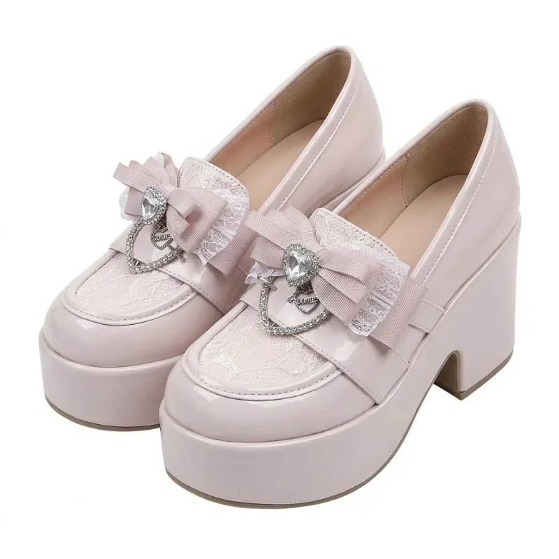 Shoptery Jirai Kei Patent Lace Bow Platform Loafer Heels in Pink with crystal bow embellishment and thick sole