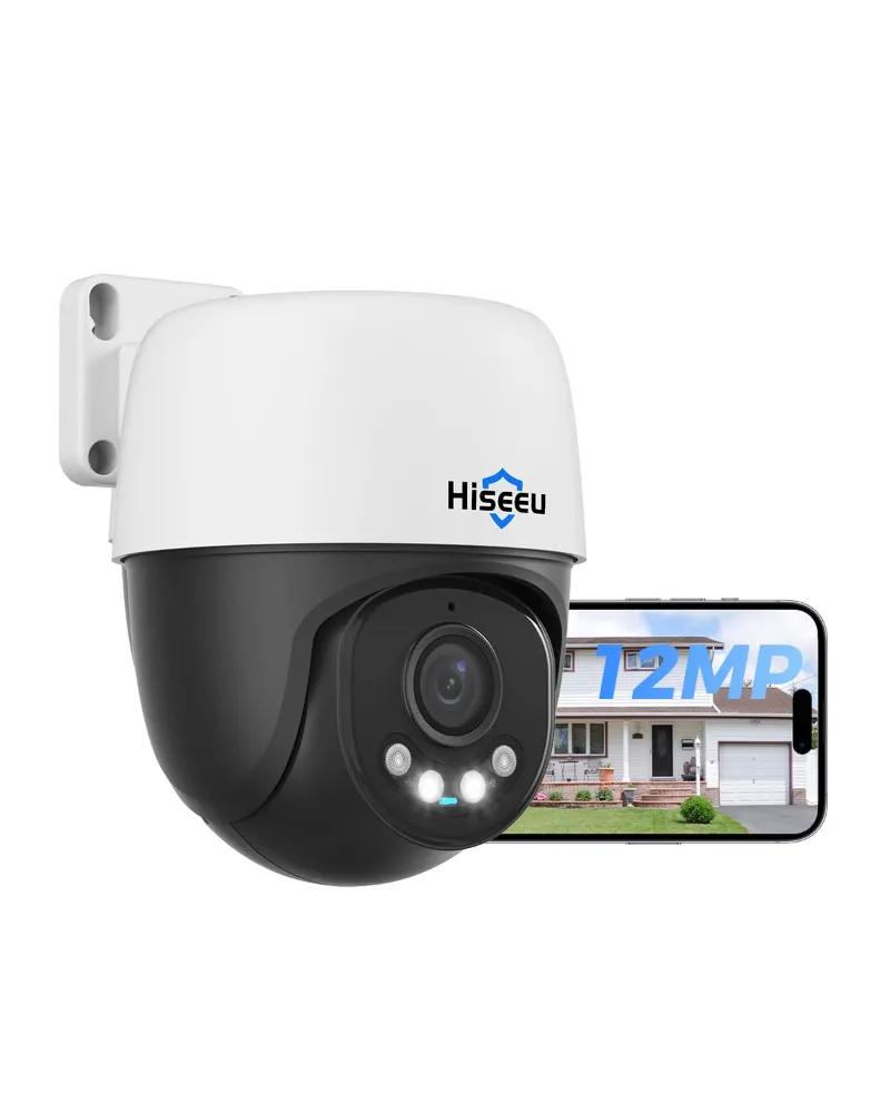 Hiseeu 12MP PoE 360° Panoramic PTZ Wired Security Camera mounted outdoors