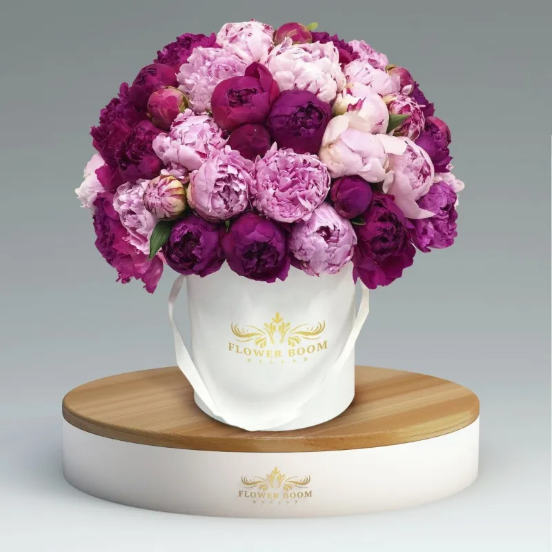 Flower Boom Dallas Pink & Purple Peonies In The Box arrangement with fresh pink and purple peonies