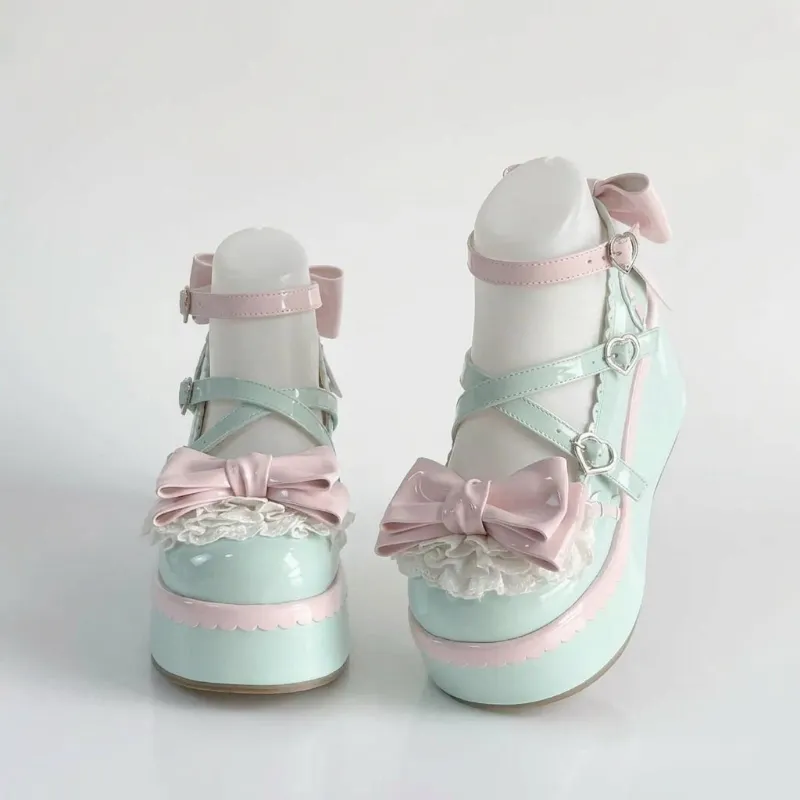 Shoptery Fairy Kei Mint & Pink Lace Bow Platform Mary Jane Shoes with oversized bow ankle strap and rounded toe