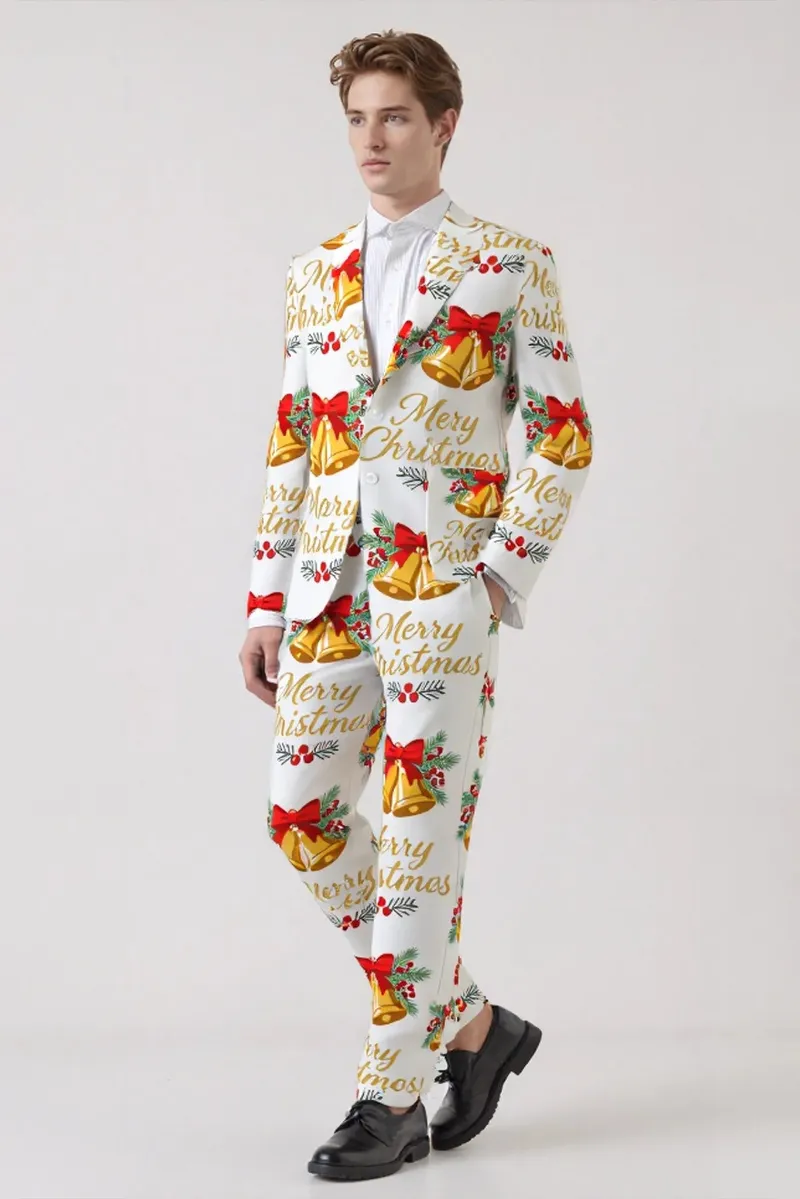 Wehilion Men's Bell Bow Christmas Eve Party 2 Piece Suit, festive patterned blazer and matching trousers
