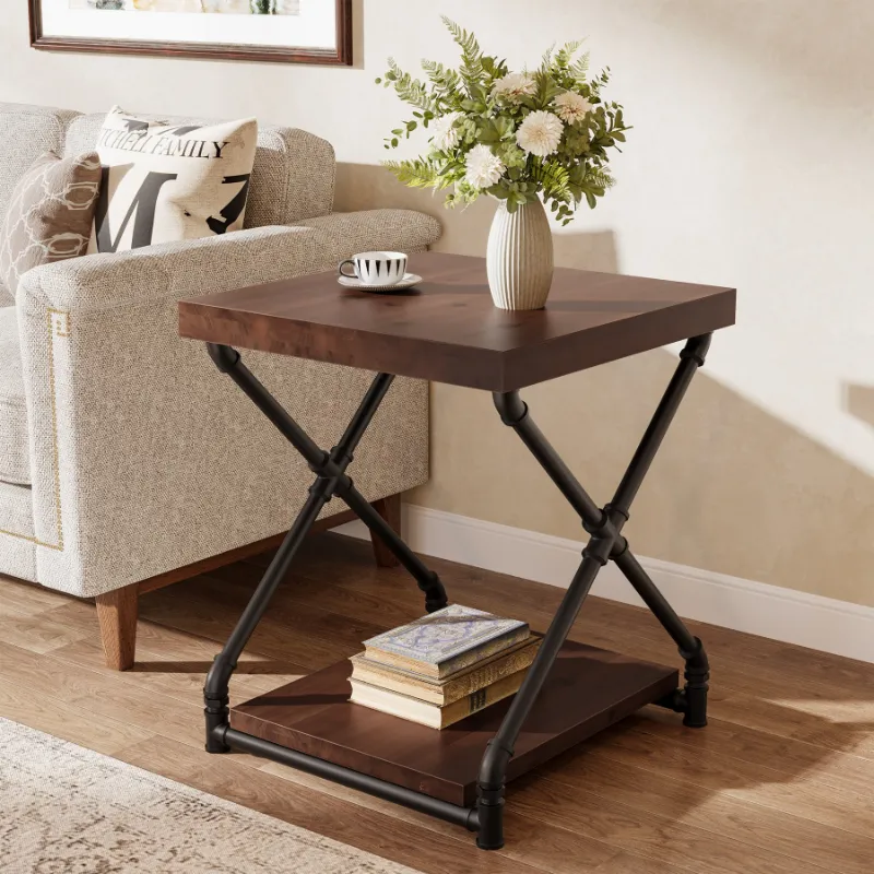Tribesigns solid wood end table with X-shaped black metal legs and walnut brown finish