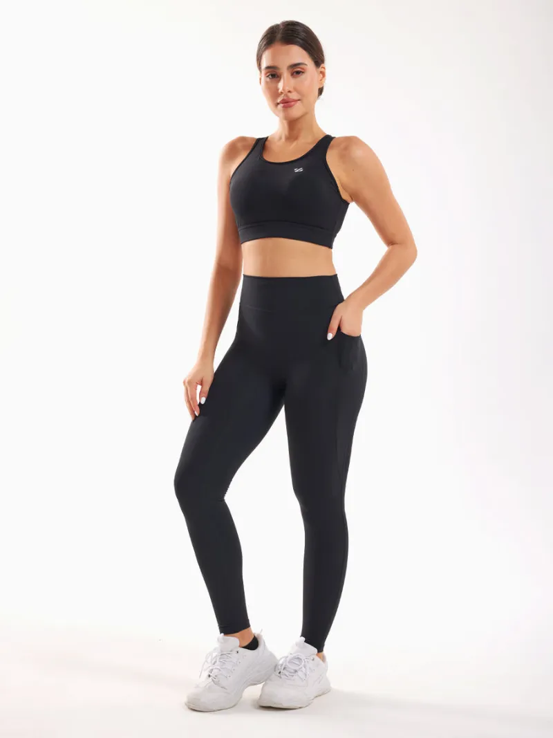 Zuluzenith Black Gym Yoga Outfit Sets, black leggings and sports bra