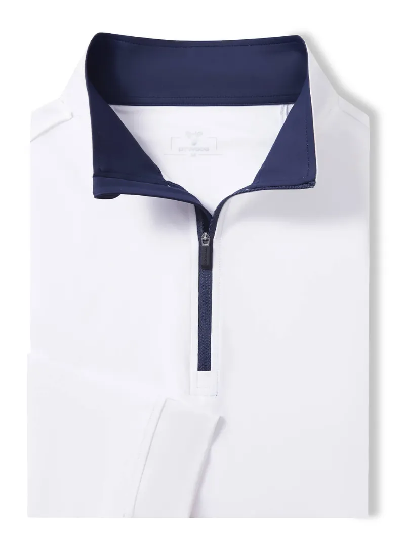 DTWOOO Solid Performance Quarter-Zip in pure white, front view showing stand-up collar and half zipper
