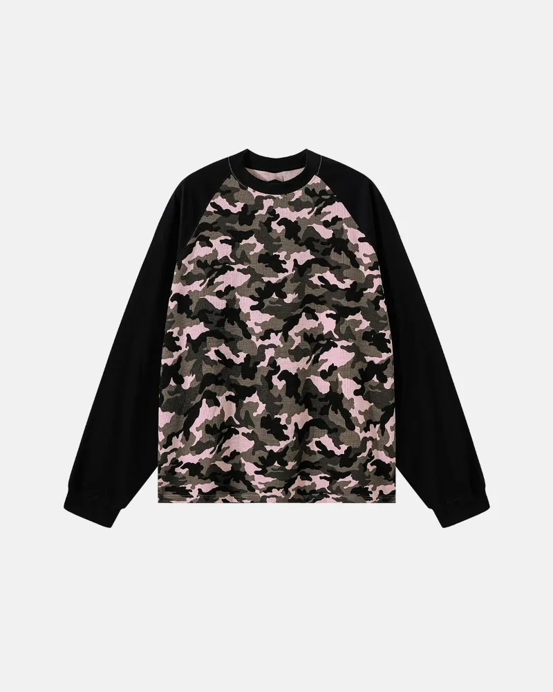 INFLATION Camo Waffle Raglan Long Sleeve T-Shirt with contrast black sleeves