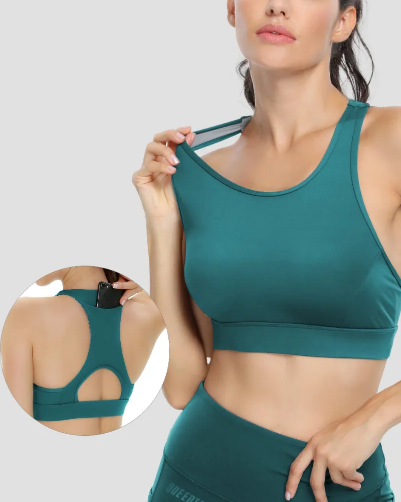 QUEENIEKE Phone Back Pockets Sport Bra in black front and back view