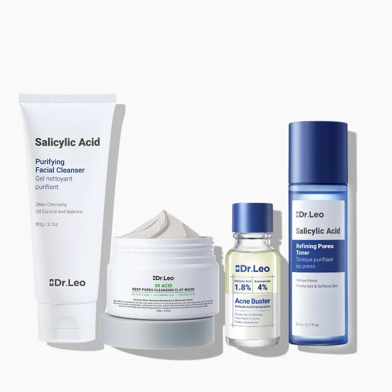 Dr Leo Salicylic Acid Acne-Clearing 4-Piece Set showing cleanser, clay mask, toner, and drying lotion bottles