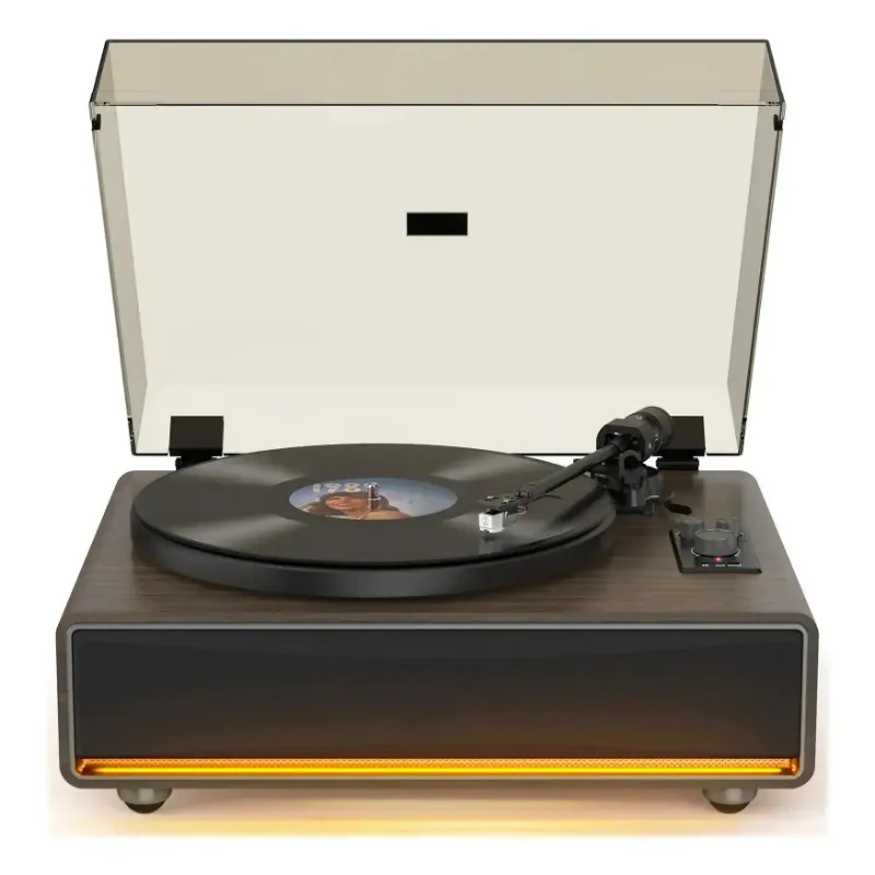 Retrolife Vintage Bluetooth Record Player with Built-in 40W HiFi Speakers RT26, wooden all-in-one turntable console with warm lighting