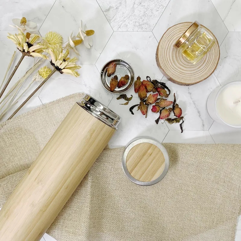 HoneySpree Bamboo Tumbler with Tea Strainer and honey bee engraving