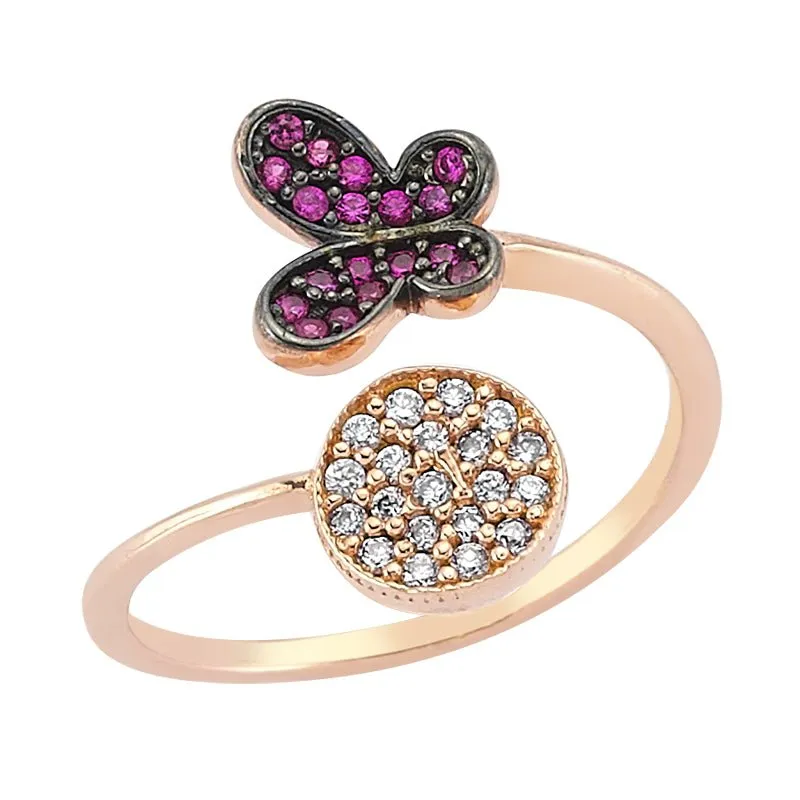 Amorium Jewelry Dainty Circle & Purple Butterfly Wrap Ring with Crystals showing open wrap with butterfly and crystal
