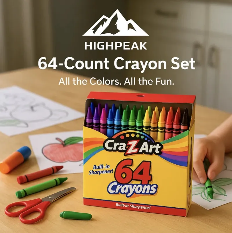 HighPeak 64-Count Crayon Set, large crayon box with built-in sharpener