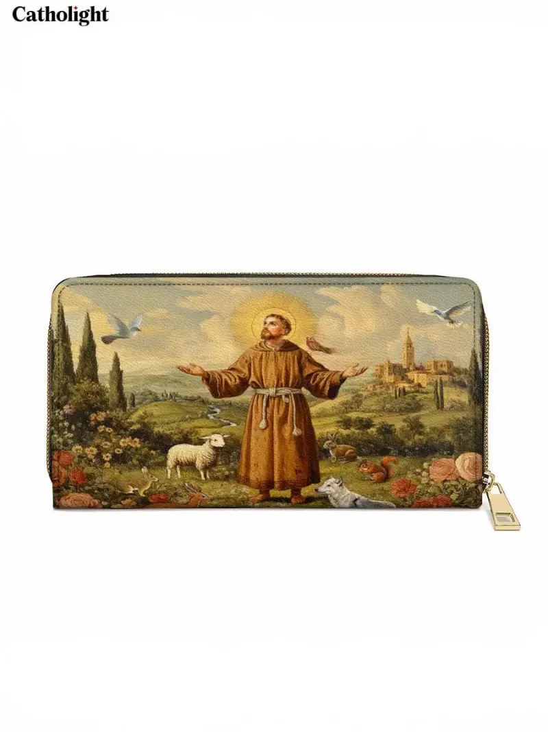 Catholight The Spirit of Nature Leather Wallet Purse showing Saint Francis of Assisi with animals