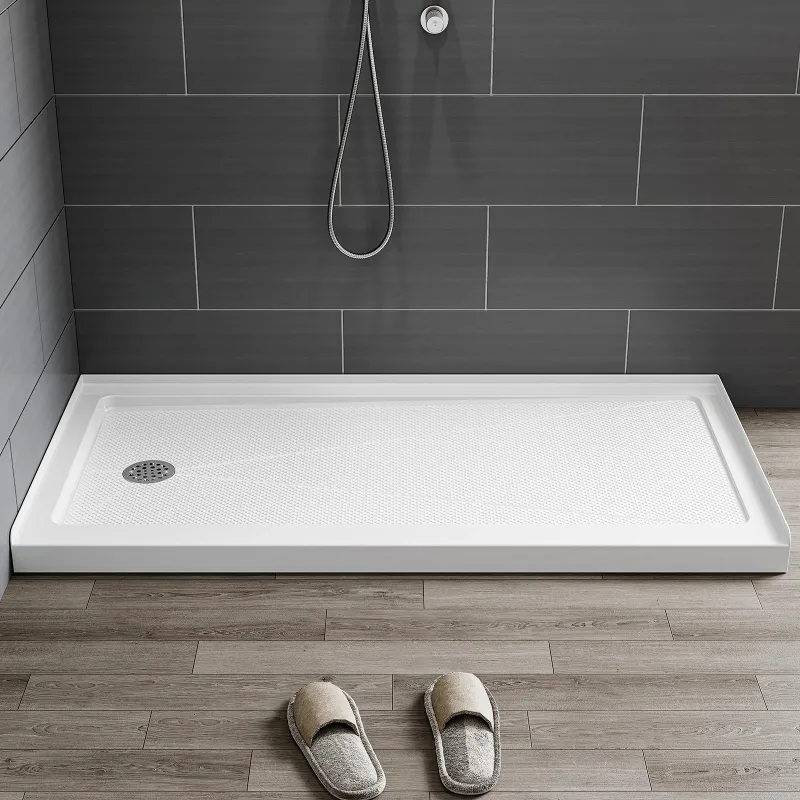 HOROW 60-inch acrylic shower base with wider threshold and chrome left drain
