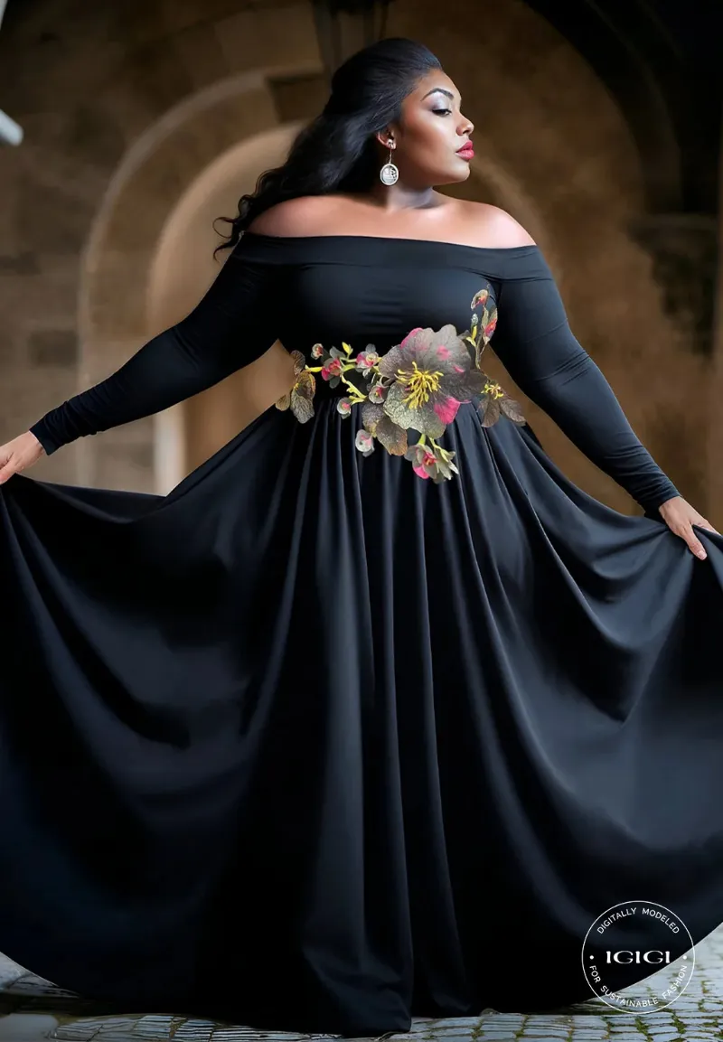 IGIGI Catherine Plus Size Evening Gown In Black showing an off-shoulder gown with floral embroidery