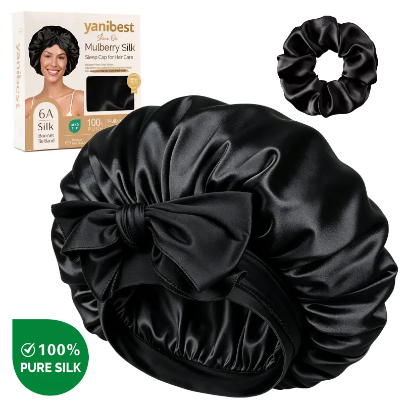 Yanibest 22 Momme 6A Mulberry Silk Bonnet with Tie Band shown in black