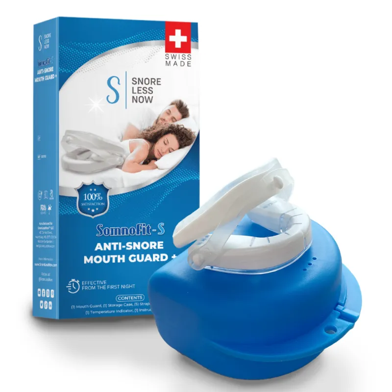 SnoreLessNow Somnofit-S Anti-Snore Mouth Guard+, clear adjustable dental guard with blue adjustment straps