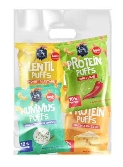 LiteBite Egypt HI PROTEIN PUFFS variety pack showing four assorted flavor bags